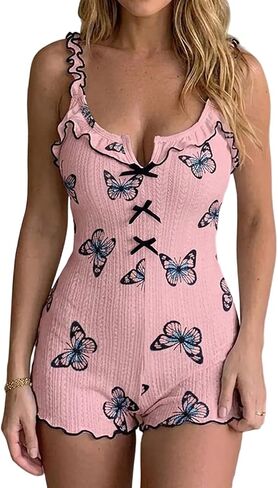 Women’s One Piece Pajama Romper Ditsy Floral Cute Lounge Onesie Slim Fit Sleeveless Sweet Home Sleepwear in Saudi Arabia