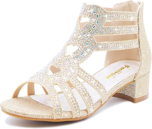 Girls High Heels Sparkly Rhinestone Dress Shoes Elegant Glitter Heels for Girls Wedding Party Flower Girl Sandals in Saudi Arabia