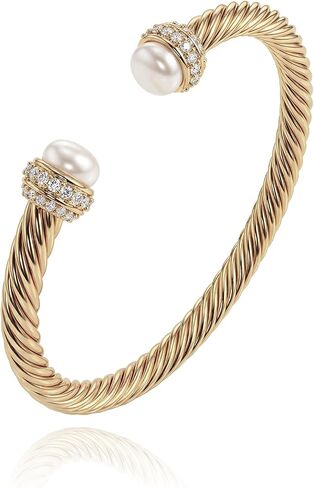Fettero Gold Cuff Bangle Bracelets for Women - 14K Gold Plated Adjustable Open Cuff Friendship Bracelets Elegant Twisted Cable Bangle Bracelet Lightweight Pearl Bracelet for Dainty Jewelry in Saudi Arabia