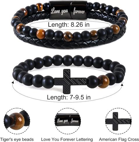 Tiger Eye Bracelets For Men To My Son Leather Bracelet Engarved With Love You Forever and American Flag Cross Beads Bracelet with Greeting Cards Christmas Christian Birthday Jewelry Gifts in Saudi Arabia