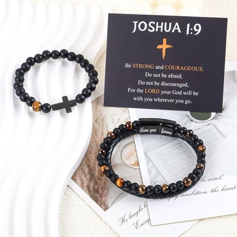 Tiger Eye Bracelets For Men To My Son Leather Bracelet Engarved With Love You Forever and American Flag Cross Beads Bracelet with Greeting Cards Christmas Christian Birthday Jewelry Gifts in Saudi Arabia