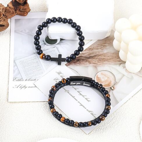 Tiger Eye Bracelets For Men To My Son Leather Bracelet Engarved With Love You Forever and American Flag Cross Beads Bracelet with Greeting Cards Christmas Christian Birthday Jewelry Gifts in Saudi Arabia