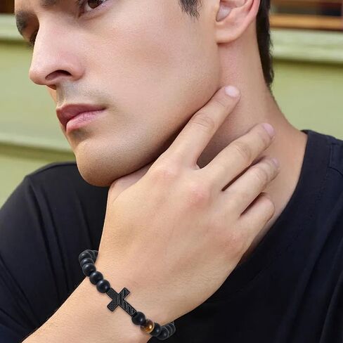 Tiger Eye Bracelets For Men To My Son Leather Bracelet Engarved With Love You Forever and American Flag Cross Beads Bracelet with Greeting Cards Christmas Christian Birthday Jewelry Gifts in Saudi Arabia