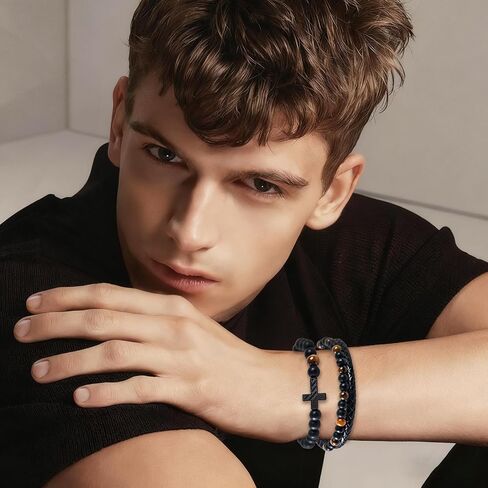 Tiger Eye Bracelets For Men To My Son Leather Bracelet Engarved With Love You Forever and American Flag Cross Beads Bracelet with Greeting Cards Christmas Christian Birthday Jewelry Gifts in Saudi Arabia