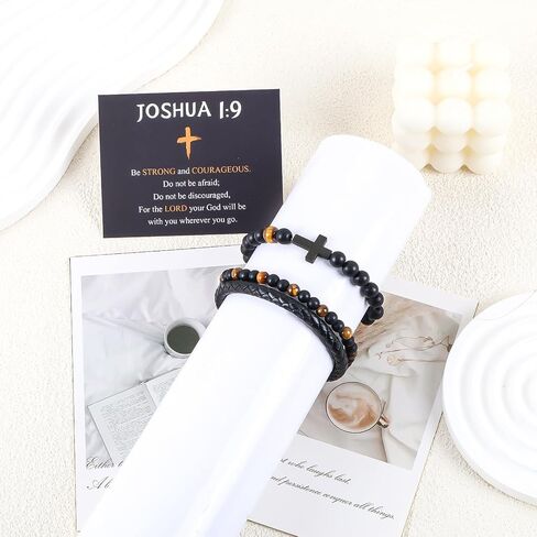 Tiger Eye Bracelets For Men To My Son Leather Bracelet Engarved With Love You Forever and American Flag Cross Beads Bracelet with Greeting Cards Christmas Christian Birthday Jewelry Gifts in Saudi Arabia