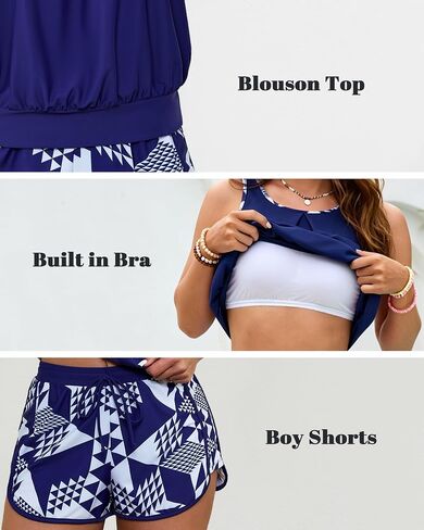 DaiLiWei Blouson Tankini المايوه للنساء قطعتين تحكم في البطن ثوب السباحة تغطية كاملة متواضعة لباس سباحة مع شورت in Kuwait