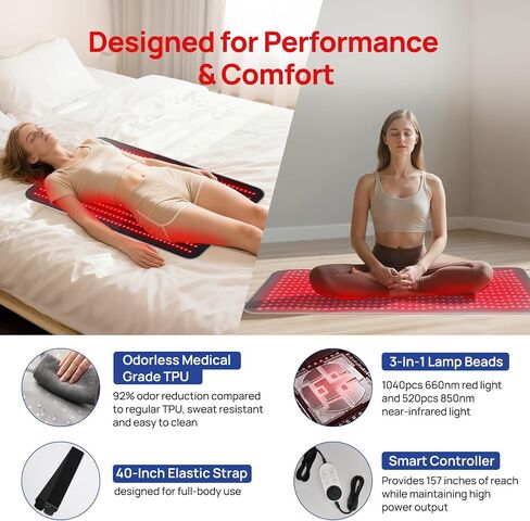 Red Light Therapy for Body, 24" x 12" Large Size (250 LEDs) Near Infrared Red Light Therapy Mat, 660nm&850nm, Adjustable Timer and Power Levels, Sweat-Resistant & Easy-Clean for Pain Relief in Saudi Arabia