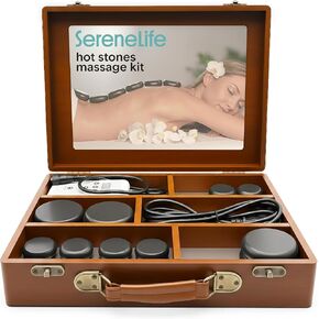 SereneLife Massage Stone Heater Box Set-Electric Spa Portable Heated Rocks Massage Stones and Warmer Set - Heat Rock Massaging Kit 12 Large/Small Black Stone Set w/Bamboo Heating Case PSLMSGST65.5 in Kuwait