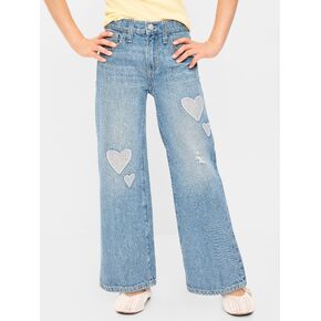 Old Navy High-Waisted Baggy Wide-Leg Jeans for Girls - Light Wash (Hearts) in Kuwait