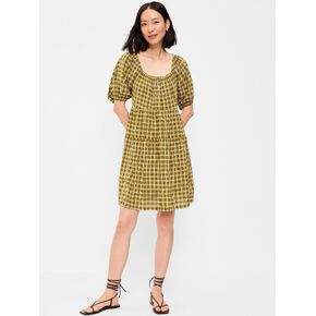 Old Navy Puff-Sleeve Smocked Mini Swing Dress - Green Plaid in Kuwait