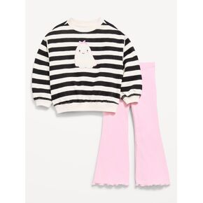Old Navy Graphic Sweatshirt and Flared Legging Set for Toddler Girls - Black/White Stripe in Kuwait