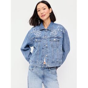 Old Navy Embroidered Cropped Denim Jacket - Medium Indigo in Kuwait
