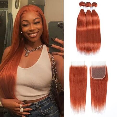 REMY Hair Brazilian 100% Human Hair Bundles Burnt Orange Hair Extension Straight Hair Bundles for Black Girl (10 Inch, color #350) in Saudi Arabia