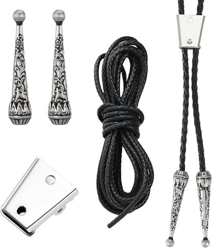 5PCS Bolo Tie Kit Leather Rope with Silver Clasp Western Cowboy Vintage Cowgirl Tie Findings Kit 2 Pendants Black PU Cord 2 Sizes Metal Slide Clasps DIY Bolo Ties Accessories in Saudi Arabia