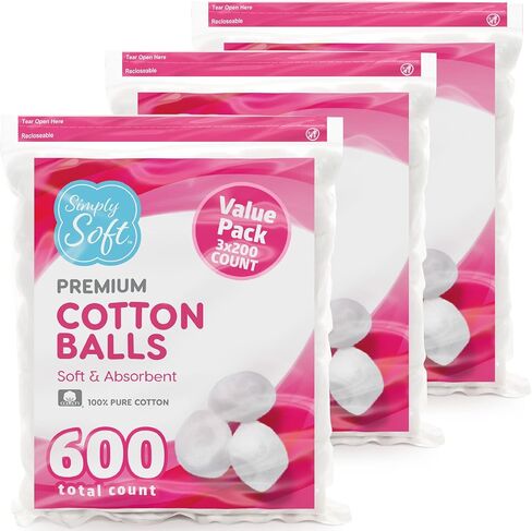 Simply Soft Premium Cotton Balls, 100% Pure Cotton, Absorbent, 200 Count (Pack of 3) in Kuwait