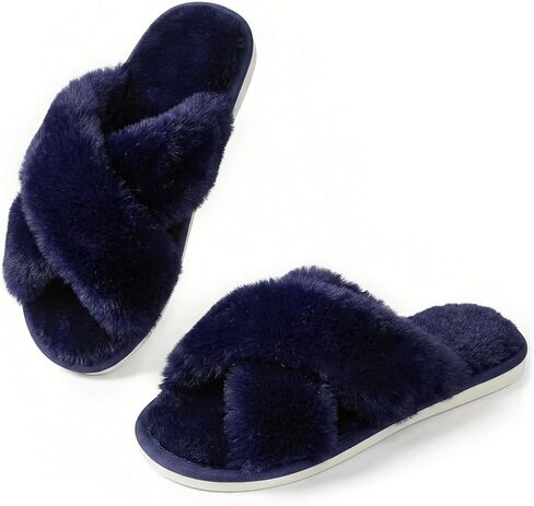 Womens Fuzzy Memory Foam Slippers - Ankis Cross Band Cozy Plush Home Slippers Fluffy Furry Open Toe House Shoes Indoor Outdoor Slide Slipper Size 11-12 in Kuwait