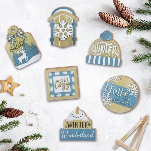 11 Pcs Grey Winter Tiered Tray Decor, Snowman Hot Cocoa Farmhouse Wood Decorations Set, Let It Snow Christmas Rustic Wooden Decorative Signs for Home Table Shelf in Saudi Arabia