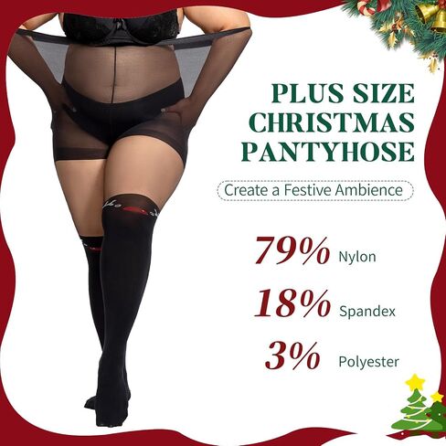 جوارب طويلة من WiliW Christmas للنساء بمقاس كبير، جوارب طويلة منقوشة لعيد الميلاد، جوارب طويلة شفافة للتحكم في الخصر العالي in Kuwait