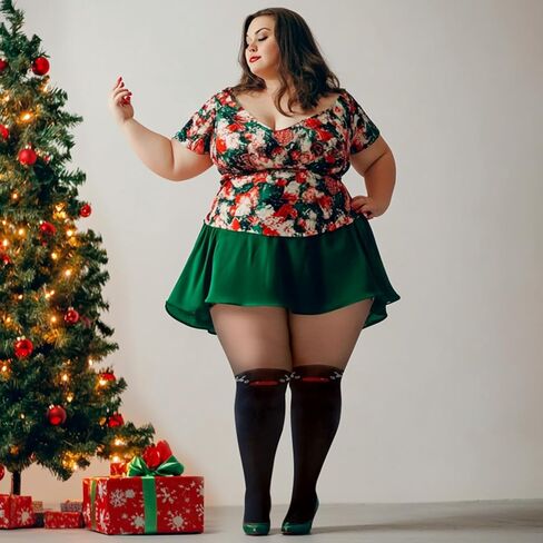 جوارب طويلة من WiliW Christmas للنساء بمقاس كبير، جوارب طويلة منقوشة لعيد الميلاد، جوارب طويلة شفافة للتحكم في الخصر العالي in Kuwait