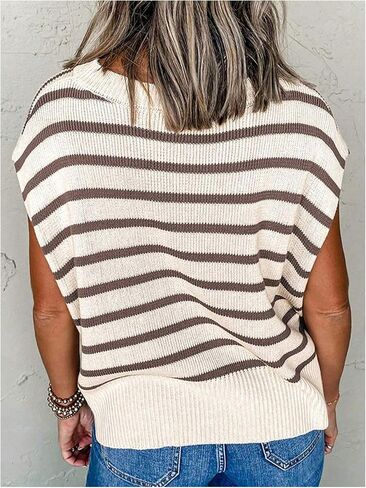 SHENHE Women's Plus Size Cap Sleeve Sweater Striped Crew Neck Lightweight Knit Vest Pullover in Saudi Arabia