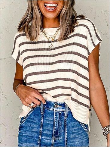 SHENHE Women's Plus Size Cap Sleeve Sweater Striped Crew Neck Lightweight Knit Vest Pullover in Saudi Arabia