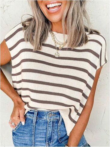 SHENHE Women's Plus Size Cap Sleeve Sweater Striped Crew Neck Lightweight Knit Vest Pullover in Saudi Arabia