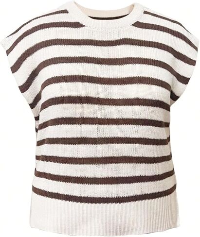 SHENHE Women's Plus Size Cap Sleeve Sweater Striped Crew Neck Lightweight Knit Vest Pullover in Saudi Arabia