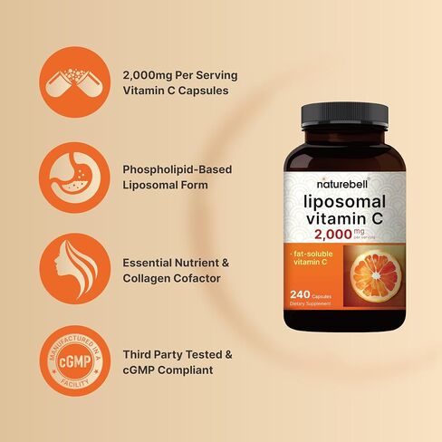 NatureBell Liposomal فيتامين C 2000 مجم لكل وجبة، 240 كبسولة | فيتامينات عالية الامتصاص قابلة للذوبان في الدهون - مكمل مضاد للأكسدة بقوة قصوى* - غير معدّل وراثيًا وخالي من الغلوتين in Kuwait