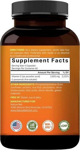 NatureBell Liposomal فيتامين C 2000 مجم لكل وجبة، 240 كبسولة | فيتامينات عالية الامتصاص قابلة للذوبان في الدهون - مكمل مضاد للأكسدة بقوة قصوى* - غير معدّل وراثيًا وخالي من الغلوتين in Kuwait