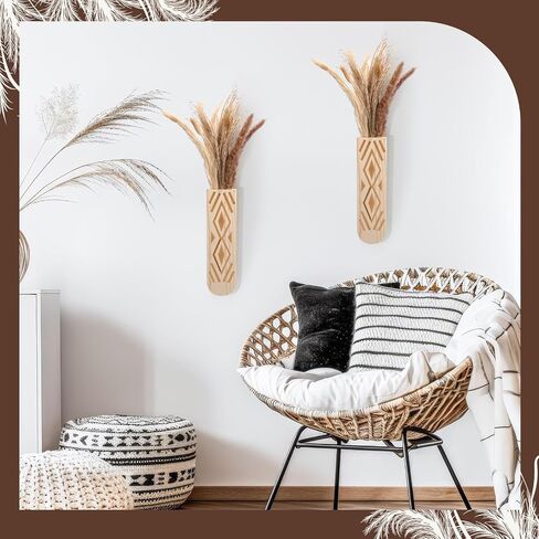 2 Pack Wooden Wall Planter Wooden Vase Set with Dried Reed Flowers Boho Wall Decor Indoor Farmhouse Decor for Entryways Hallways Bathrooms Living Rooms and Dining Rooms (Walnut Color) in Saudi Arabia