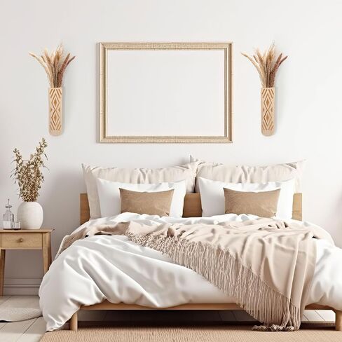 2 Pack Wooden Wall Planter Wooden Vase Set with Dried Reed Flowers Boho Wall Decor Indoor Farmhouse Decor for Entryways Hallways Bathrooms Living Rooms and Dining Rooms (Walnut Color) in Saudi Arabia