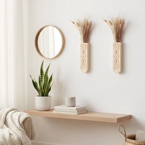 2 Pack Wooden Wall Planter Wooden Vase Set with Dried Reed Flowers Boho Wall Decor Indoor Farmhouse Decor for Entryways Hallways Bathrooms Living Rooms and Dining Rooms (Walnut Color) in Saudi Arabia