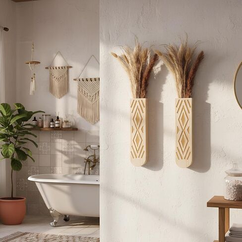2 Pack Wooden Wall Planter Wooden Vase Set with Dried Reed Flowers Boho Wall Decor Indoor Farmhouse Decor for Entryways Hallways Bathrooms Living Rooms and Dining Rooms (Walnut Color) in Saudi Arabia