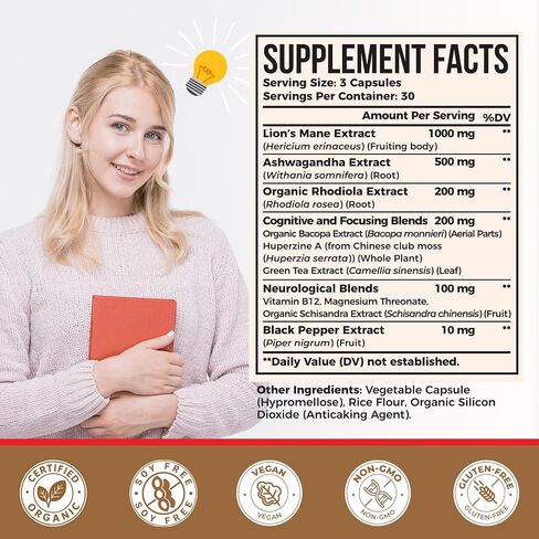 Ashwagandha & Lions Mane Supplements Capsules, Brain Supplements for Memory and Focus, Ashwagandha with Rhodiola Rosea for Cognitive, Immune Support, Cortisol Supplements for Women, 90 Capsules in Saudi Arabia