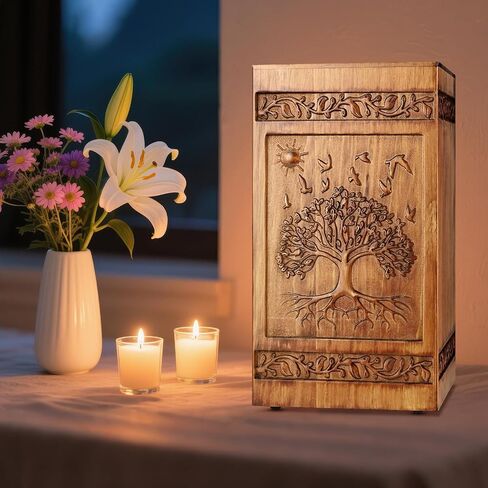 Hand Carved Wooden Urn for Human Ashes Adult, Biodegradable Burial Urn for Cremation Ashes of Men Women & Large Pets, Hummingbird Design with Velvet Bag (Pine Wood, 250lbs Capacity) in Saudi Arabia