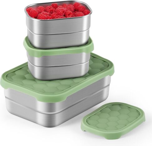3-Pack Stainless Steel Snack Containers for Kids & Toddlers - 550ml (18oz) Leakproof Colorful Lids with Cute Dinosaurs | LFGB Certified, Stackable Metal Lunch Box for Daycare, School, Travel in Kuwait