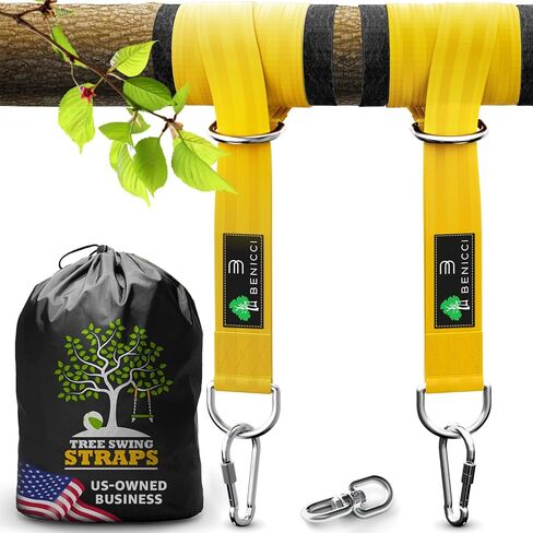 Benicci Safe Tree Swing Hanging Kit (Set of 2) - 10ft Long Straps with Two Alloy Carabiners and 2000 Lb Breaking Strength - Easy & Fast Installation for All Types of Swings and Children, Black/Yellow in Saudi Arabia