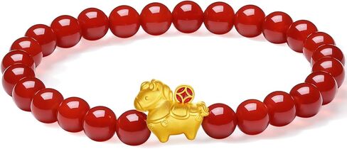 24K Solid Gold Bracelets Cute Horse Animal Charm Red Agate Gemstone Beaded Stretch Bracelet Dainty Jewelry for Women Daughter Birthday Christmas in Kuwait
