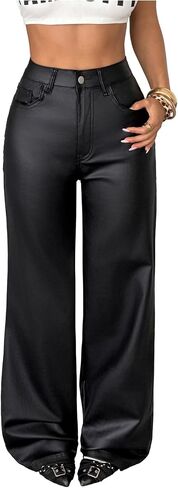 WDIRARA Women's High Waisted PU Leather Pants Punk Straight Leg Trousers Streetwear in Kuwait