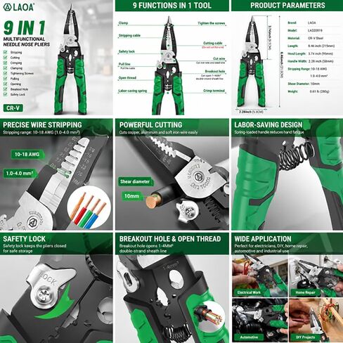 LAOA Electrician Pliers Needle Nose Pliers,Electrician Tools,9in1 for Clamping,Screwing,Wire Stripping,Cable Cutting,Wire Cutting,Wire Opening,Wire Splitting (with 1pc replacements blade) in Saudi Arabia