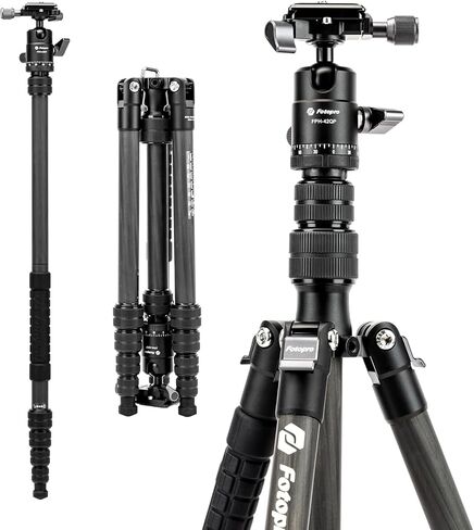 Fotopro 73"/185cm Carbon Fiber Travel Tripod for Camera, 360° Panorama Ball Head, Arca Quick Release Plate and Bag, Detachable Monopod for DSLR Camera Camcorder, Load up to 22lbs/10kg. Plus Orange in Kuwait