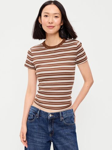 Old Navy Snug Crew-Neck Ribbed T-Shirt - Earth Brown Stripe in Kuwait