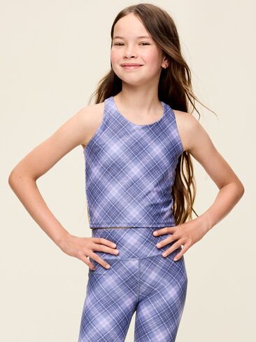 Old Navy PowerSoft Longline Sports Bra for Girls - Blue Plaid in Kuwait