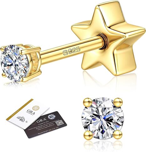 Moissanite Earrings Studs - 925 Sterling Silver Earrings for Women Men 14K Gold Plated Double Sided Star Flat Back Stud Earring Hypoallergenic Small Cartilage Helix Piercing Jewelry D Color VVS1 in Saudi Arabia