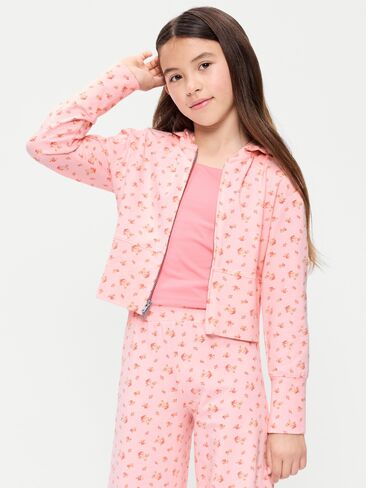 Old Navy Fitted Cropped 2-Way-Zip Hoodie for Girls - Pink Ditsy Floral in Kuwait