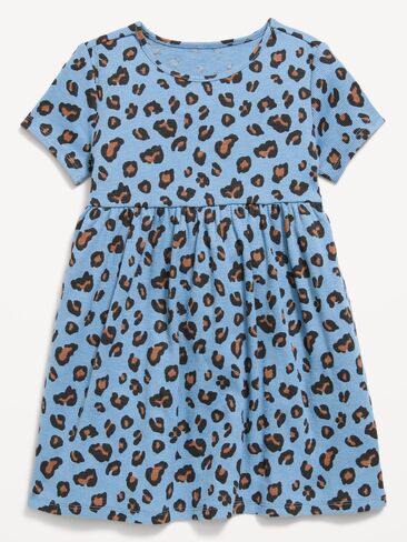 Old Navy Printed Short-Sleeve Ribbed Dress for Toddler Girls - Blue Leopard in Kuwait
