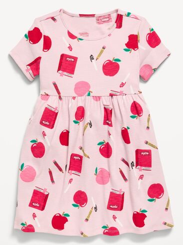 Old Navy Printed Short-Sleeve Ribbed Dress for Toddler Girls - Pink Apple in Kuwait