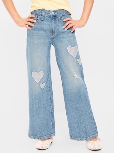 Old Navy High-Waisted Baggy Wide-Leg Jeans for Girls - Light Wash (Hearts) in Kuwait