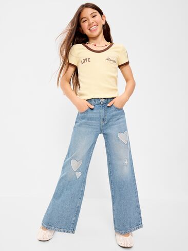 Old Navy High-Waisted Baggy Wide-Leg Jeans for Girls - Light Wash (Hearts) in Kuwait