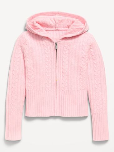 Old Navy Fitted Cable-Knit Full-Zip Hoodie for Girls - Pink Sky in Kuwait